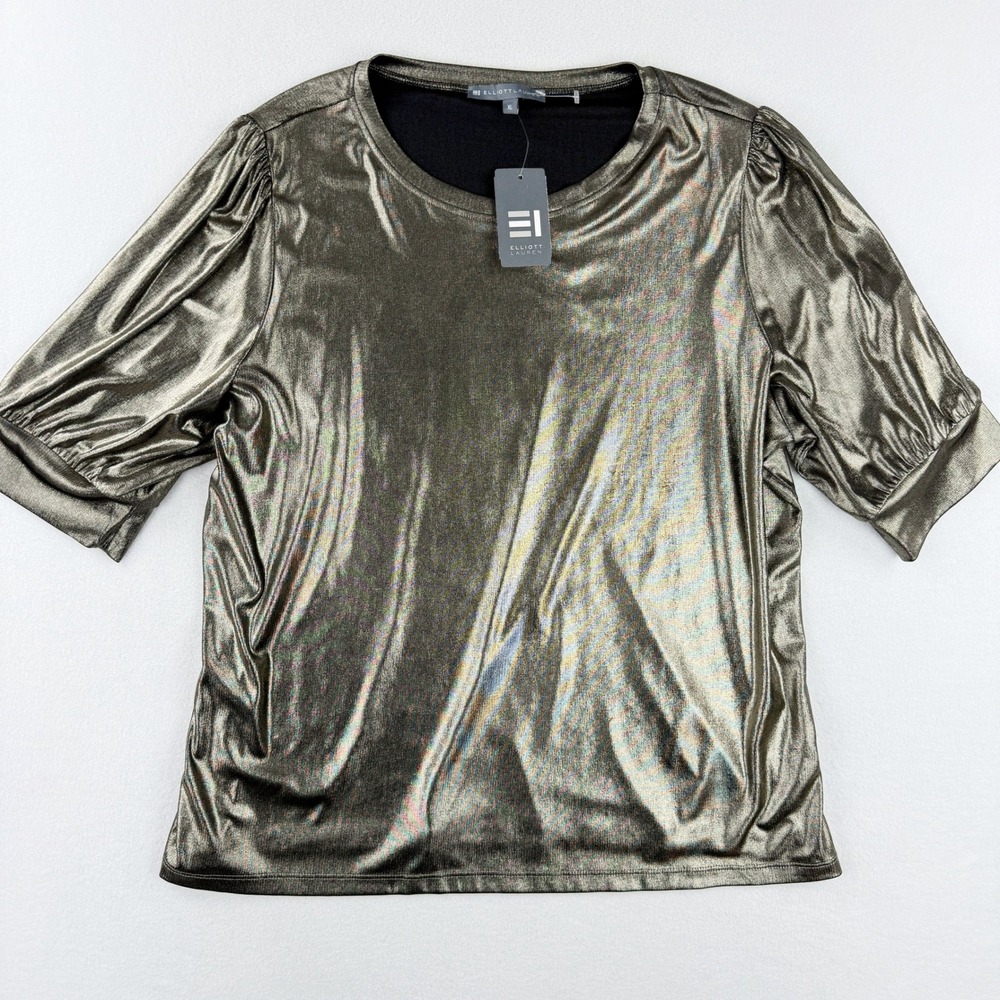 Elliott Lauren Metallic Puff Sleeve Party Top Womens Size XL Sparkle NWT